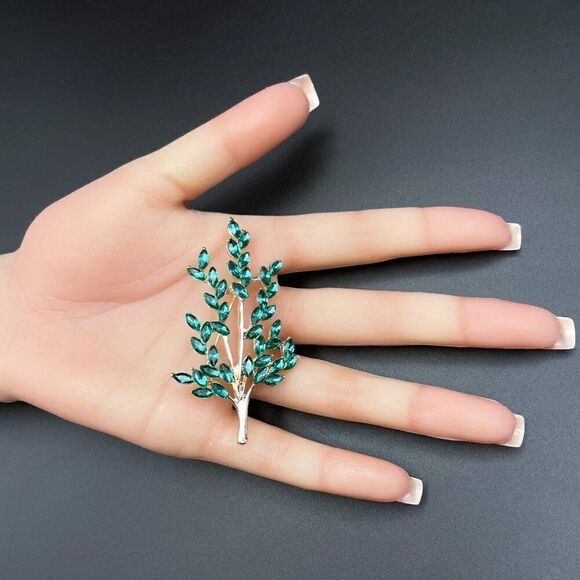 Rose Gold with Emerald Green Crystal Tree Branch with Leaves Pin Back Brooch - Picture 9 of 9